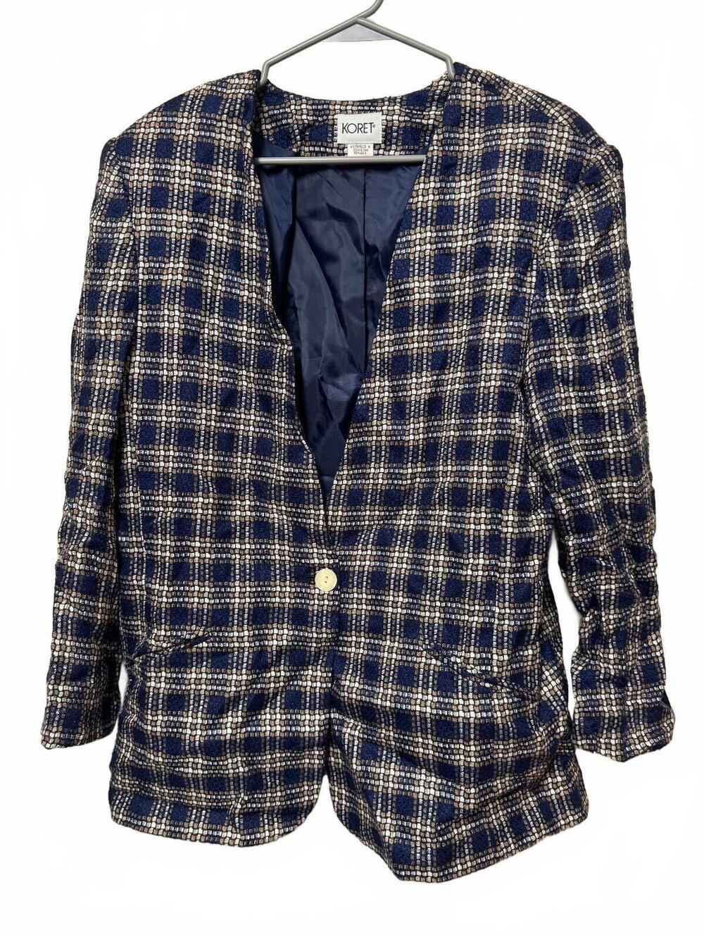 Koret Women's Size 16 Navy Gold Textured Plaid Blazer Jacket